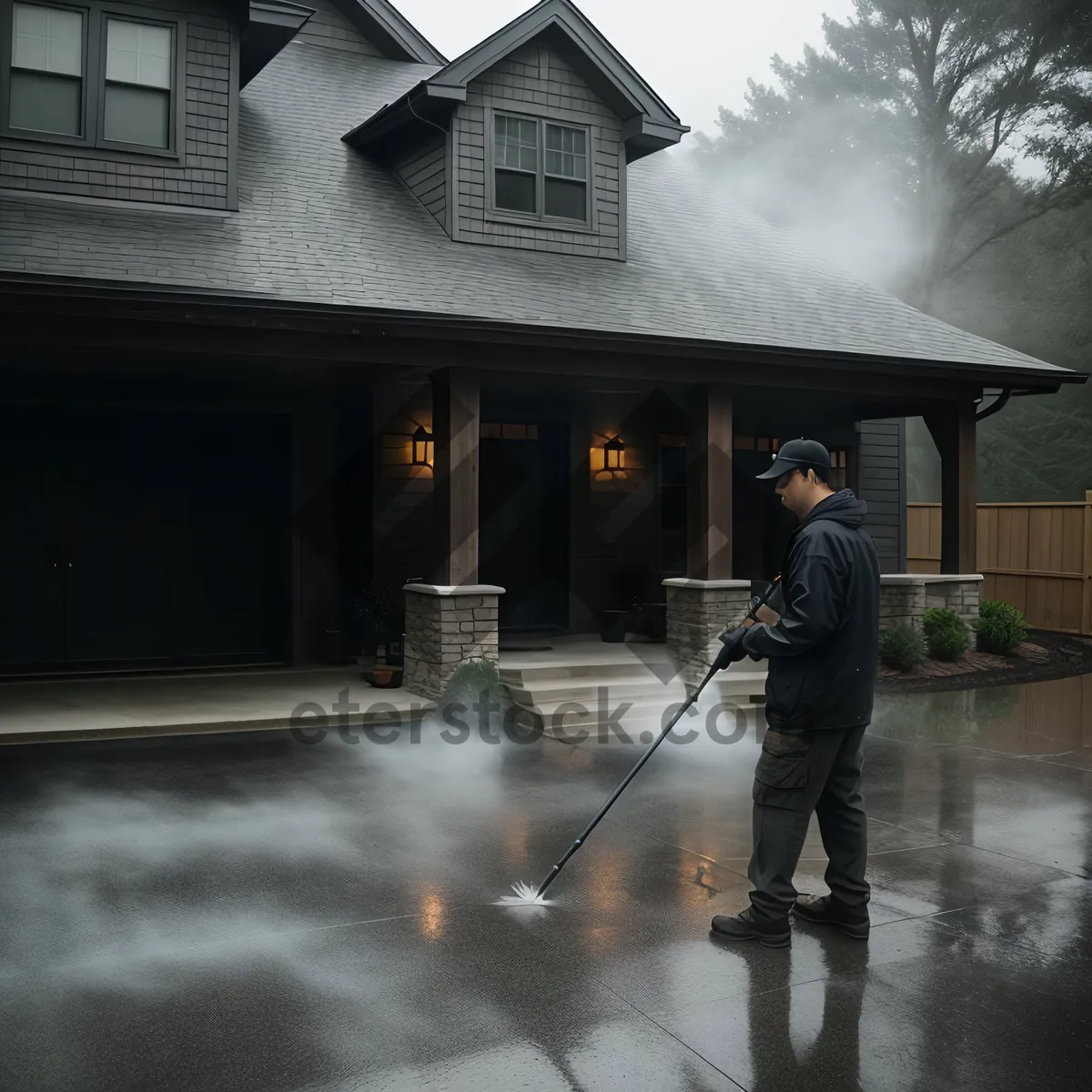 Picture of Male cleaner using squeegee for cleaning