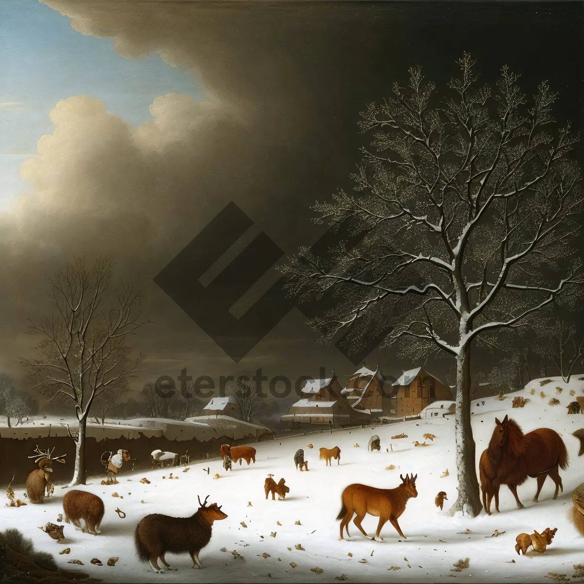 Picture of Snowy Meadow with Grazing Horses and Dog