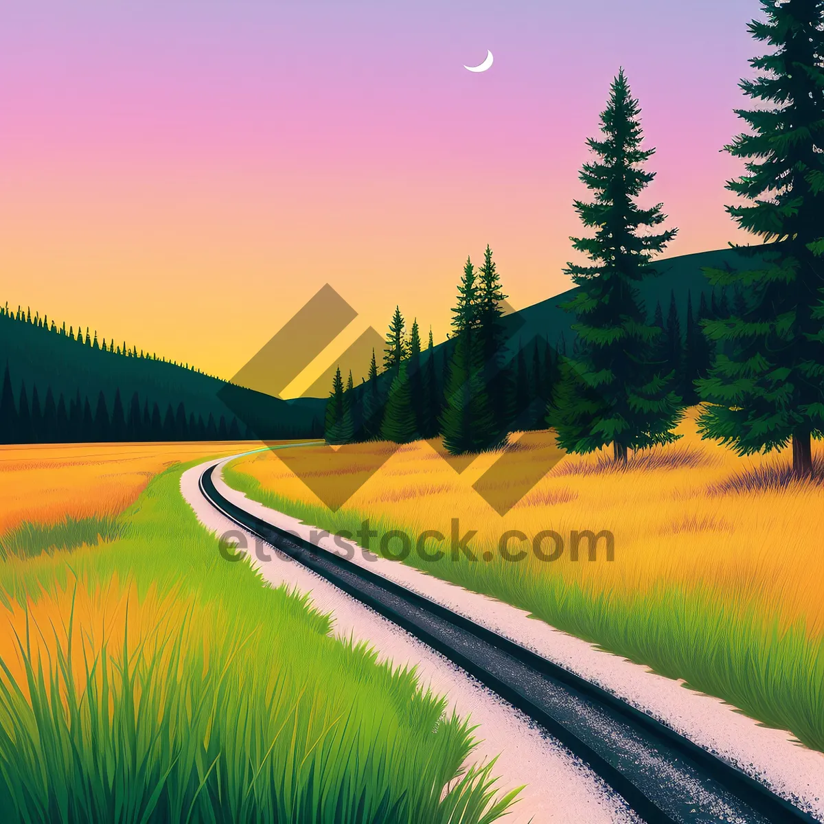 Picture of Serene Summer Countryside Landscape with Mountain View