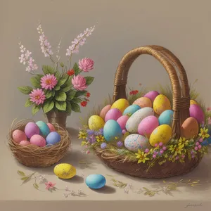 Colorful Easter Egg Basket with Rattan and Wicker Decorations
