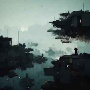 City Waterfront with Military Warship in Harbor