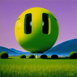 Airship hovering over picturesque countryside.