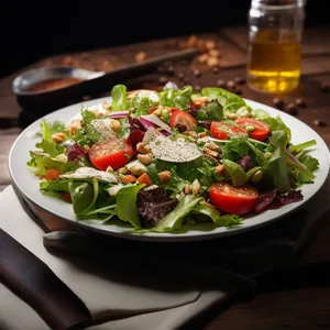 Healthy vegetable salad with fresh greens and tomatoes.