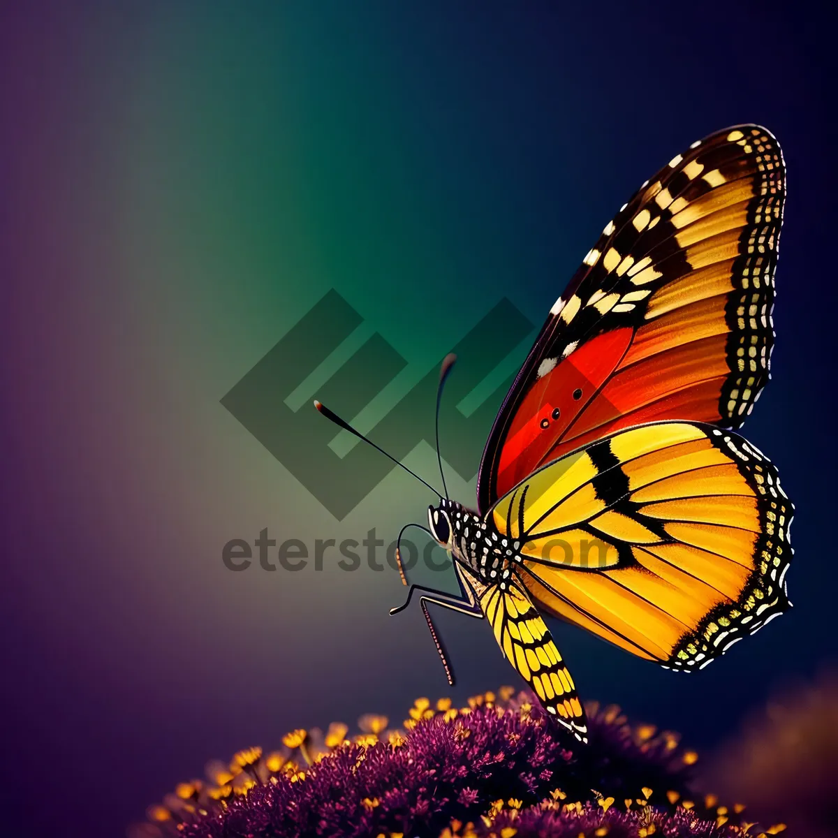 Picture of Colorful Monarch Butterfly Flying amidst Summer Blooms