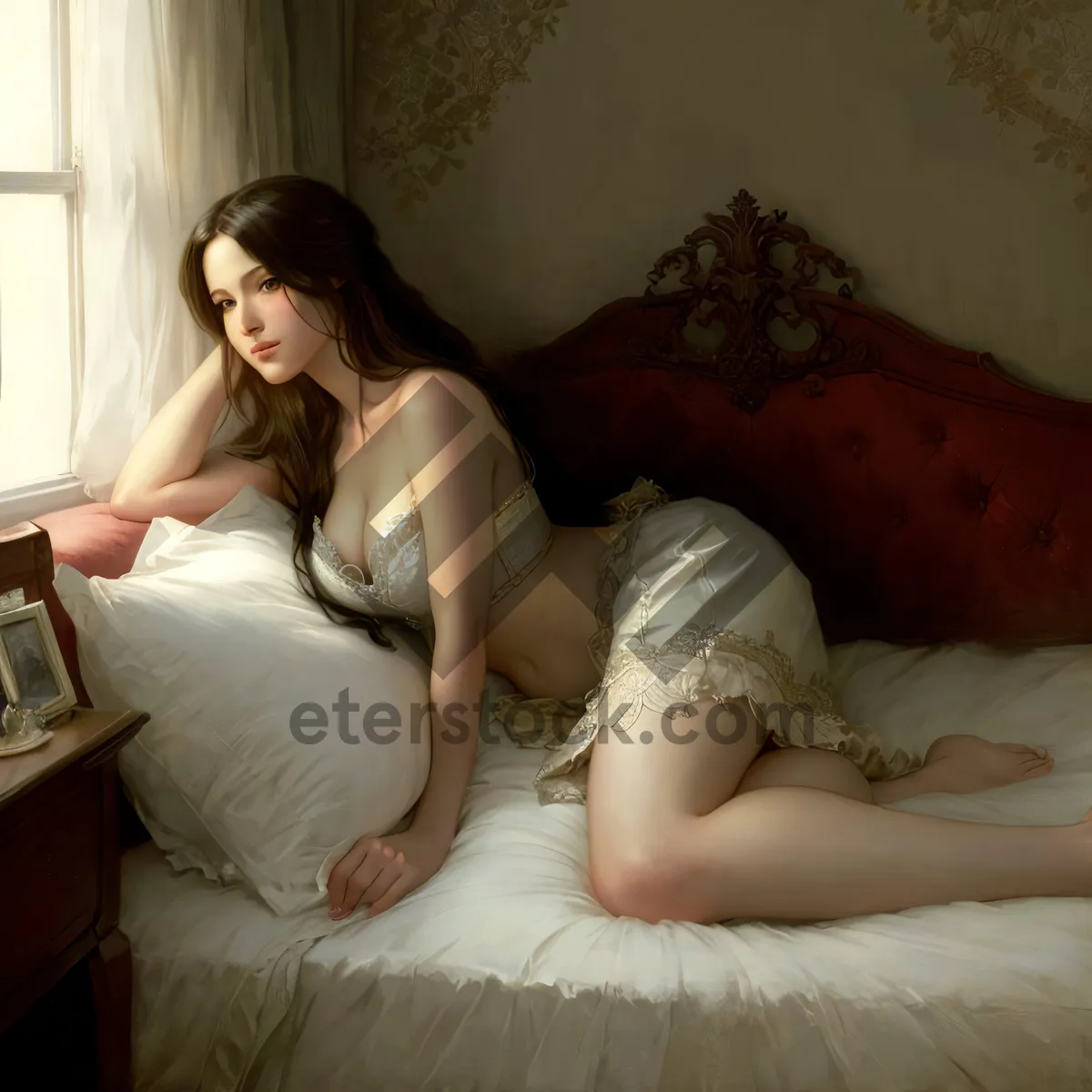 Picture of Smiling woman in lingerie on comfy sofa.