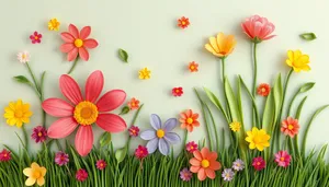 Colorful Floral Garden with Pink Tulips and Yellow Daisies