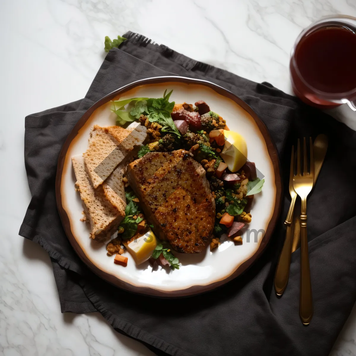 Picture of Delicious gourmet plate with healthy grilled meat and vegetables