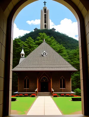 Old Church Bell Tower against Historic Town Skyline