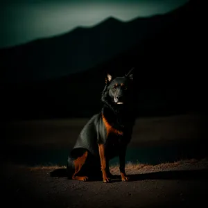 Silhouette of Watchdog at Sunset with Horse