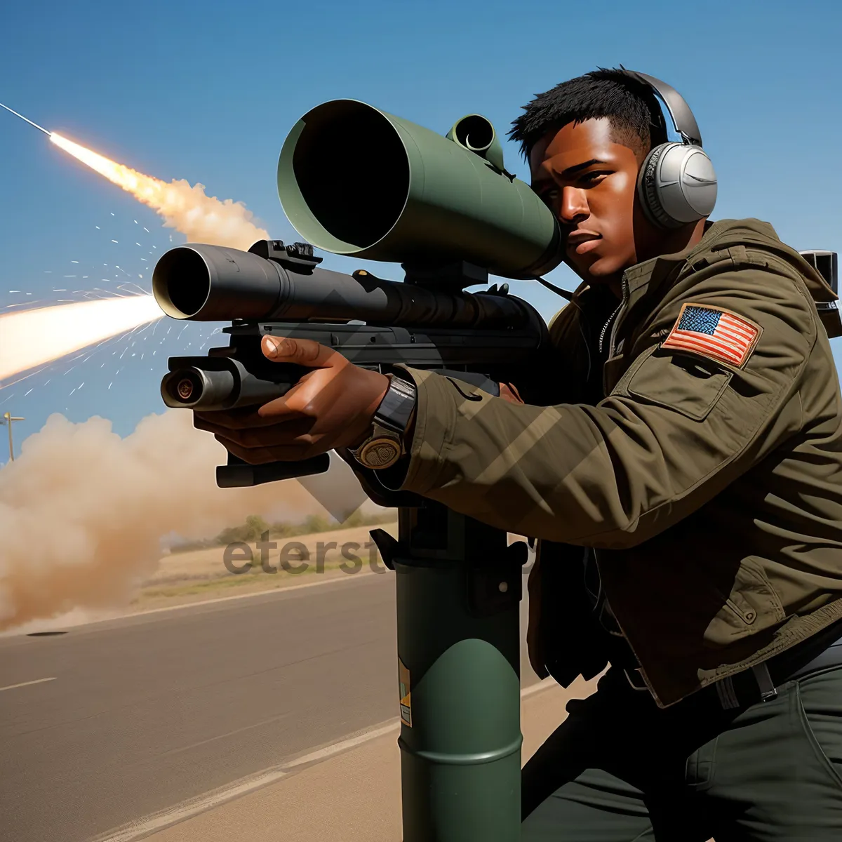 Picture of Male soldier with bazooka in military uniform