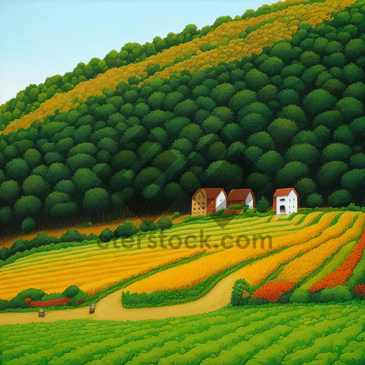 Picture of Idyllic Country Farm Landscape in Summer"
OR
"Vibrant Rural Field with Lush Green Plants