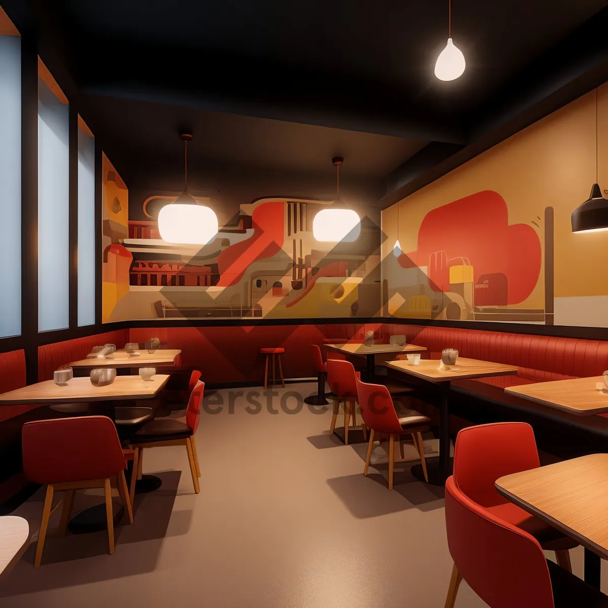 Picture of Modern and stylish restaurant interior design with wooden furniture