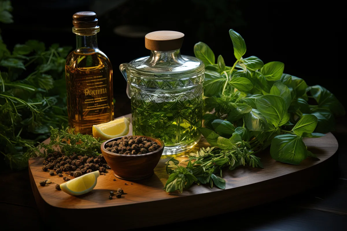 Picture of Fresh herbal oil in glass bottle with parsley and basil leaves.