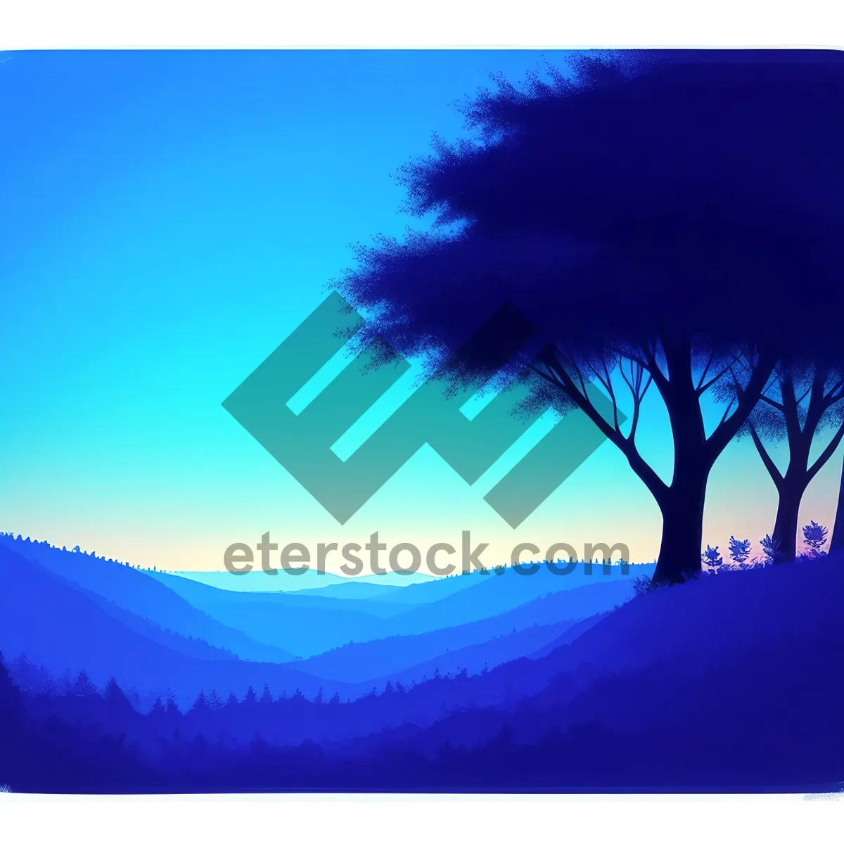 Picture of Sunset Skyline with Silhouette of Trees and Mountains