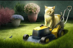 Lawn mower cutting grass on a sunny day.