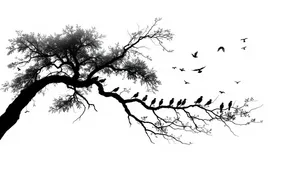 Black silhouette of oak tree branches in season.