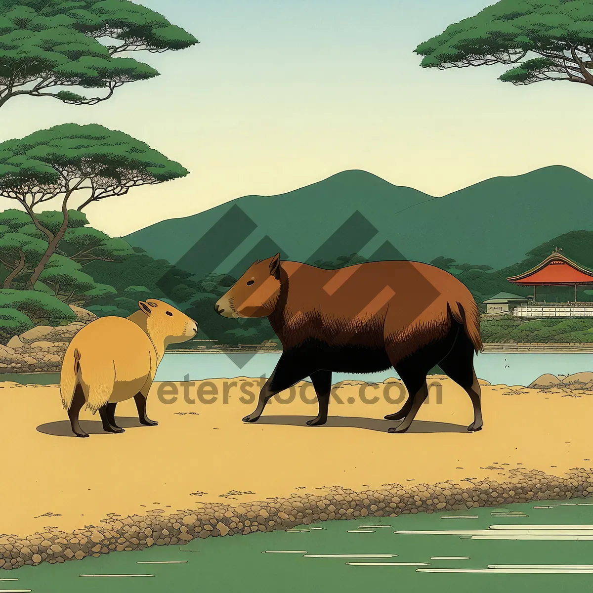 Picture of Rural grazing scene with water buffalo, horses, and cattle.