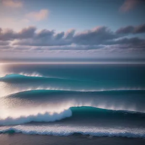 Golden Dusk: Tranquil Beach Sunset Over Ocean Waves