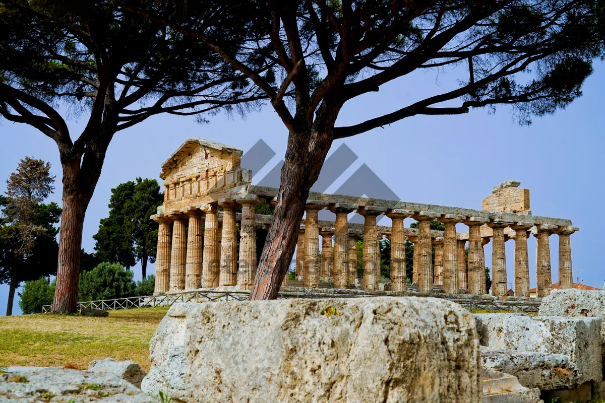 Picture of Ancient temple ruins against dramatic sky background