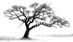Winter oak tree silhouette against sky in forest landscape