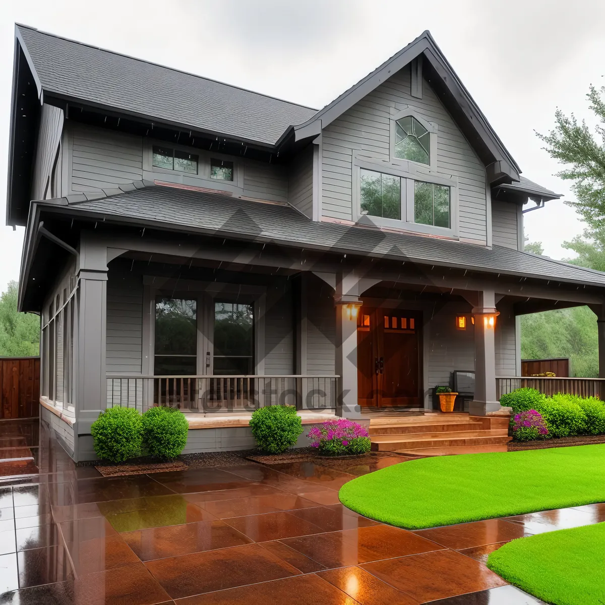 Picture of Modern Brick Bungalow with Landscaped Lawn in Suburban Neighborhood.