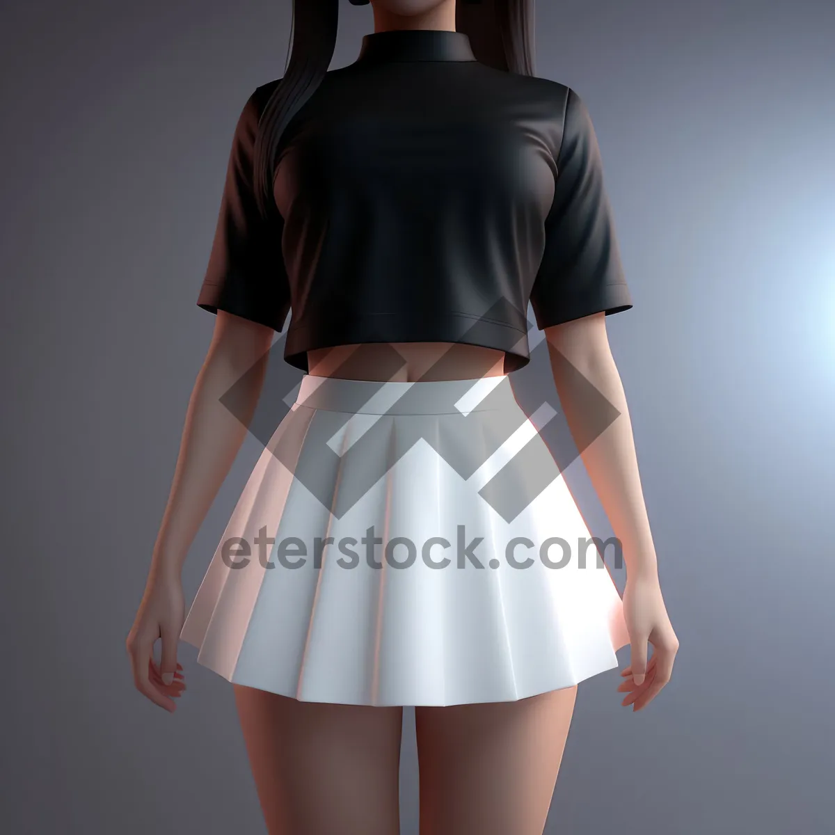 Picture of Smiling brunette model posing in cute fashion skirt