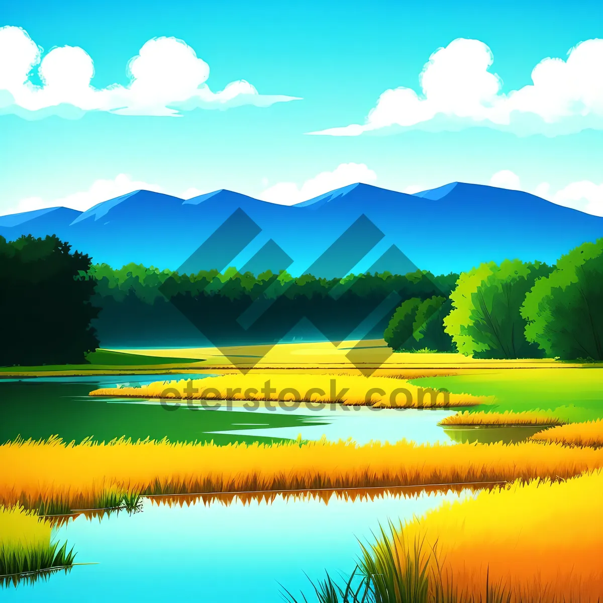 Picture of Sunset over picturesque countryside meadow.
