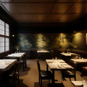 Modern luxury restaurant interior design with wooden furniture and glass lamps.