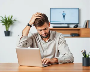 Happy businessman working on laptop in modern office