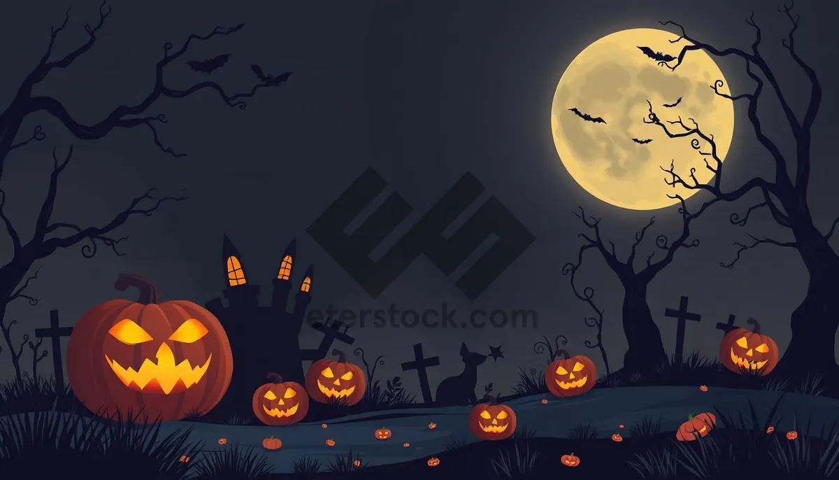Picture of Cartoon Halloween Night in the Cemetery with Moon