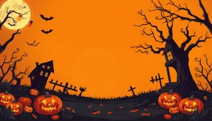 Silhouette of pumpkin tree under orange moon at cemetery
