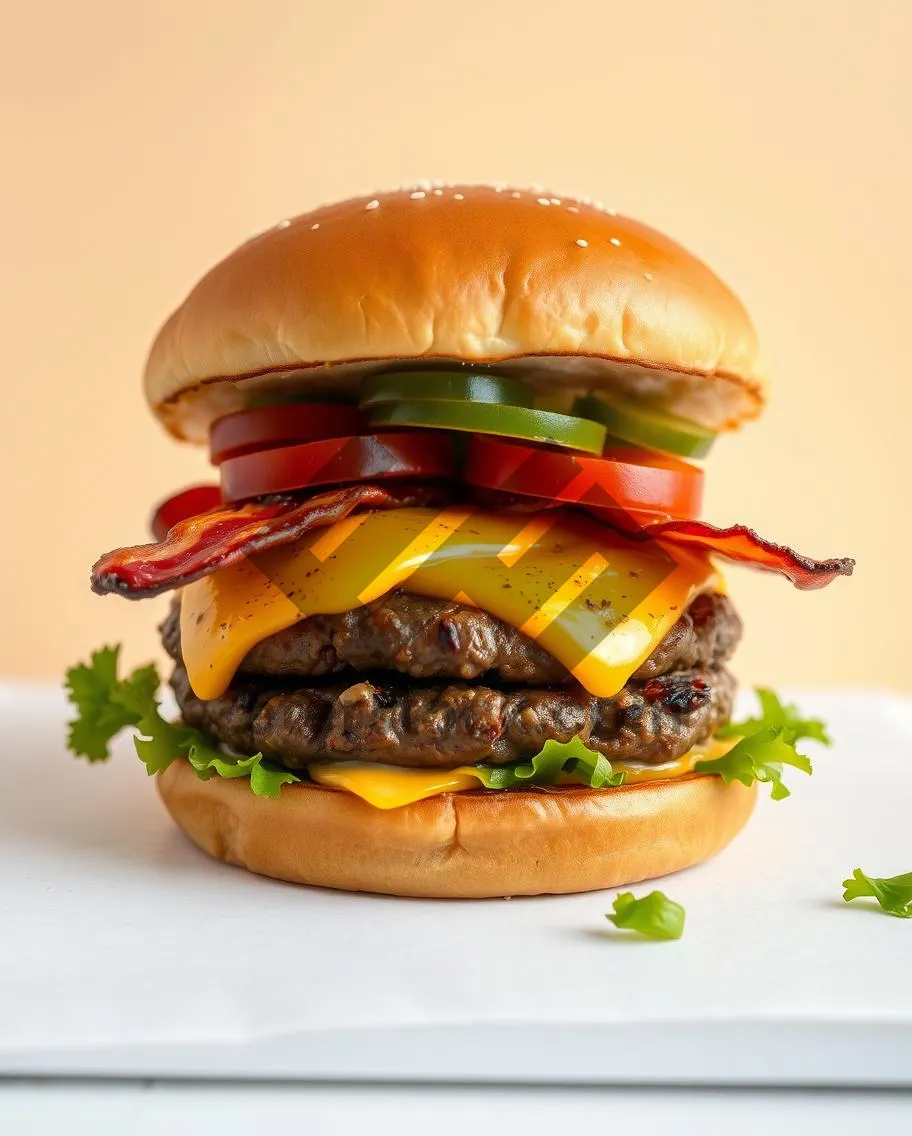 Picture of Grilled beef burger with cheese and vegetables.