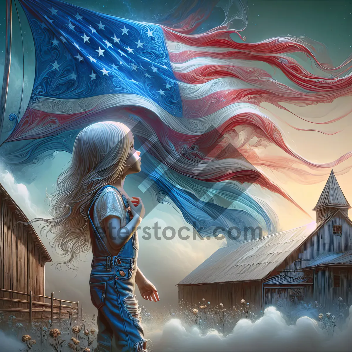 Picture of Little Girl With American Flag and Country Barn