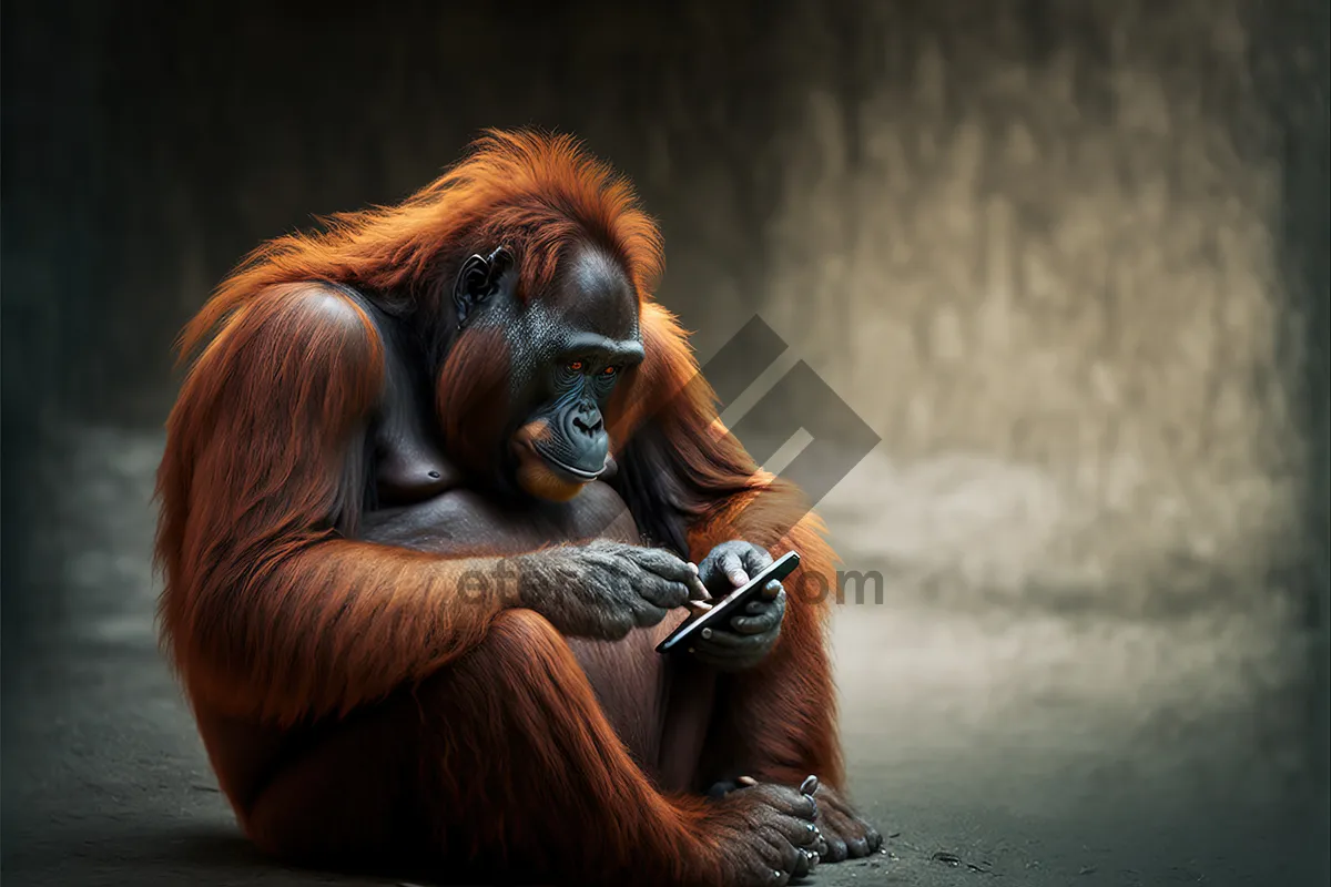 Picture of Wildlife primate portrait with brown hair - Orangutan monkey.