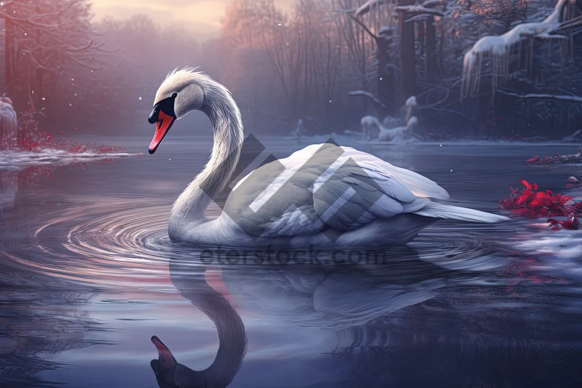 Picture of Swan gracefully swimming on calm lake reflecting sky