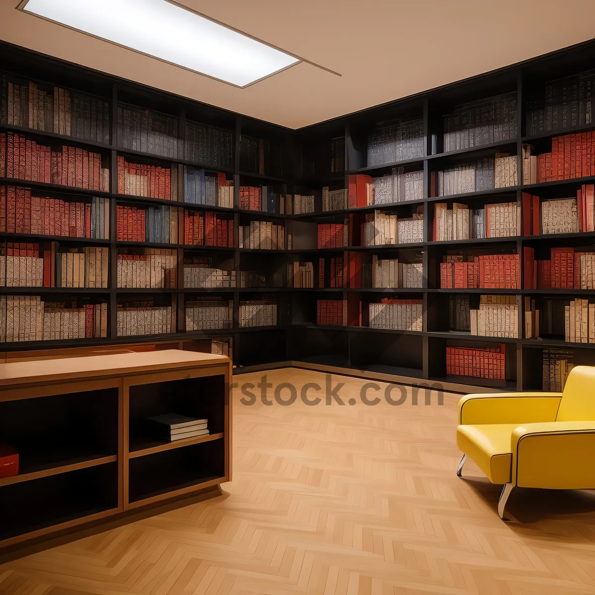 Picture of Modern home library with wooden bookshelf and sofa