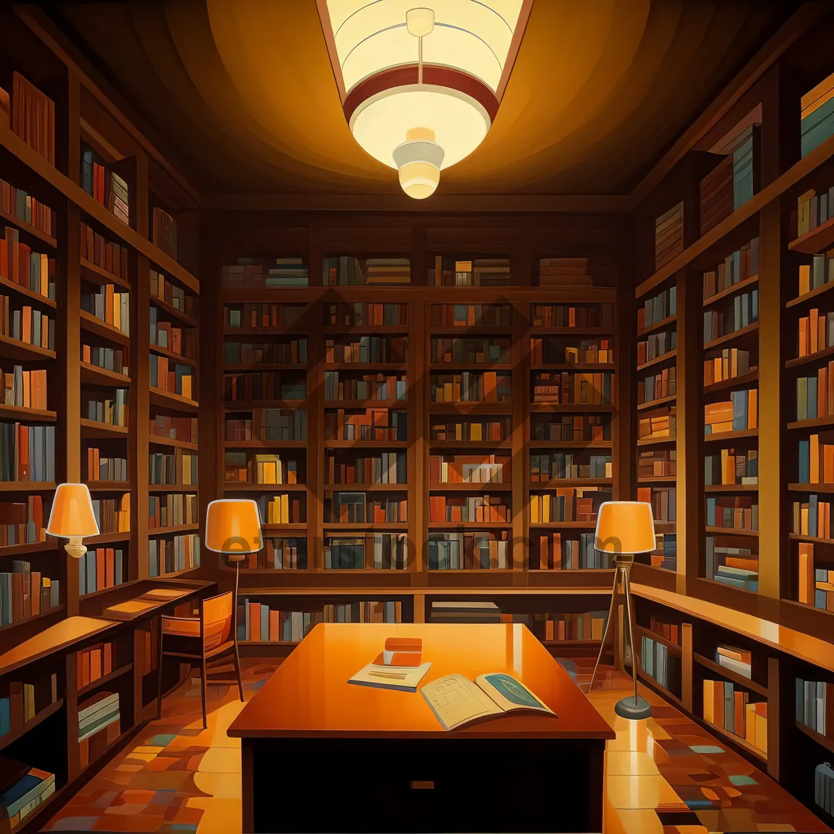 Picture of Modern library room with wooden furniture and books