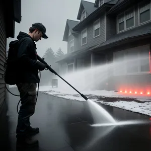 Sporty Male Using Squeegee Cleaning Device