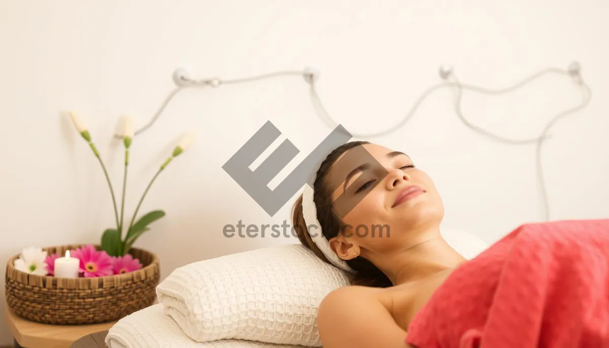 Picture of Happy brunette lady relaxing on bed at home