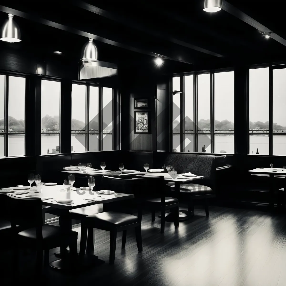 Picture of Modern interior design of luxury restaurant with wooden chairs