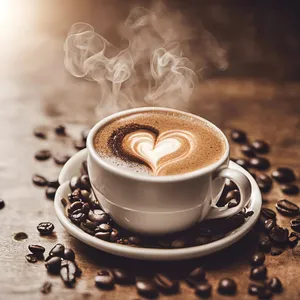 Gourmet coffee cup on dark table with spoon.