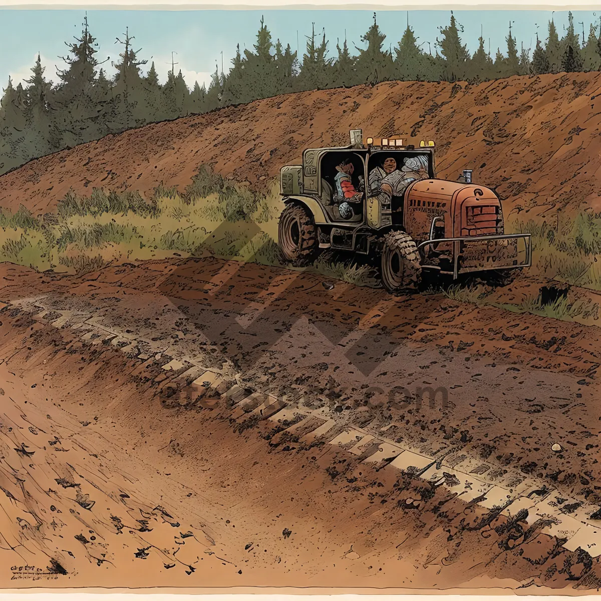 Picture of Summer Landscape with Farming Machinery and Wheat Crop