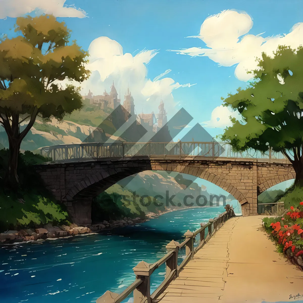Picture of Serene River Landscape with Steel Arch Bridge