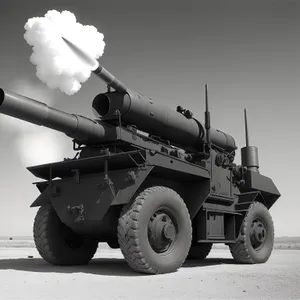 High-angle missile launcher in cloudy sky landscape.