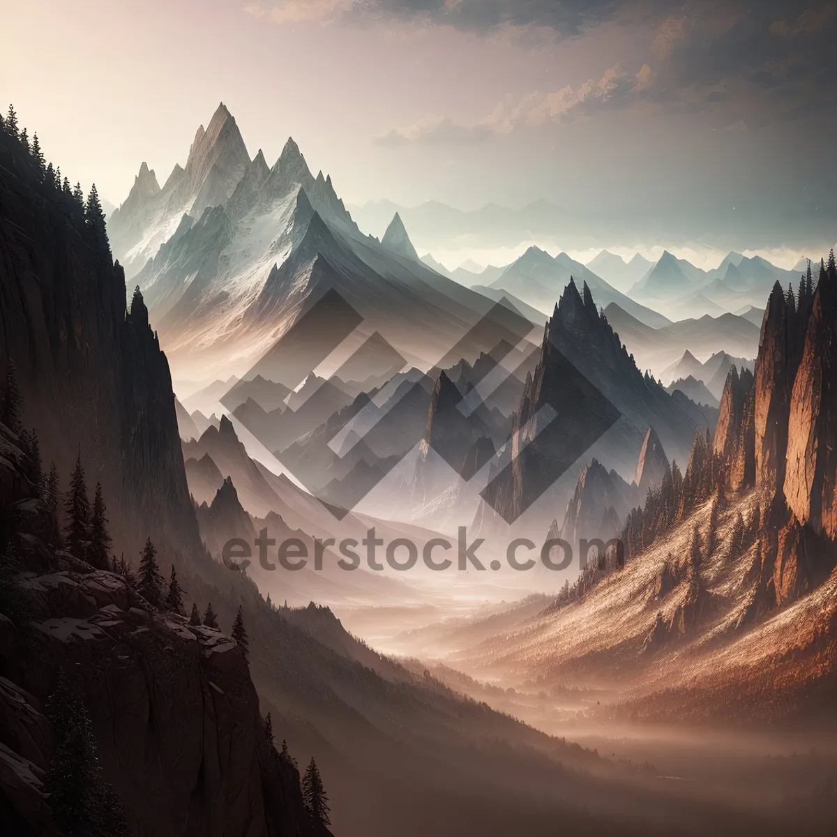 Picture of Majestic Mountain Valley Amidst Cloud-kissed Peaks