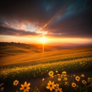 Golden Evening Horizon Over Meadow