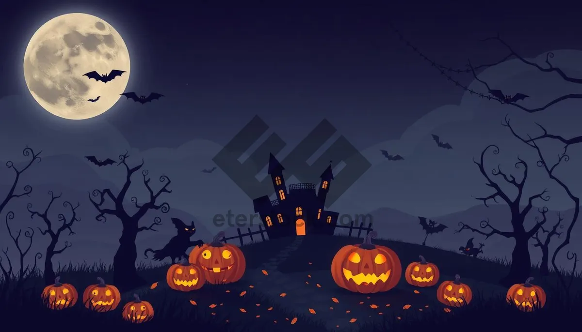 Picture of Moonlit Halloween Cemetery Scene With Pumpkins and Silhouettes