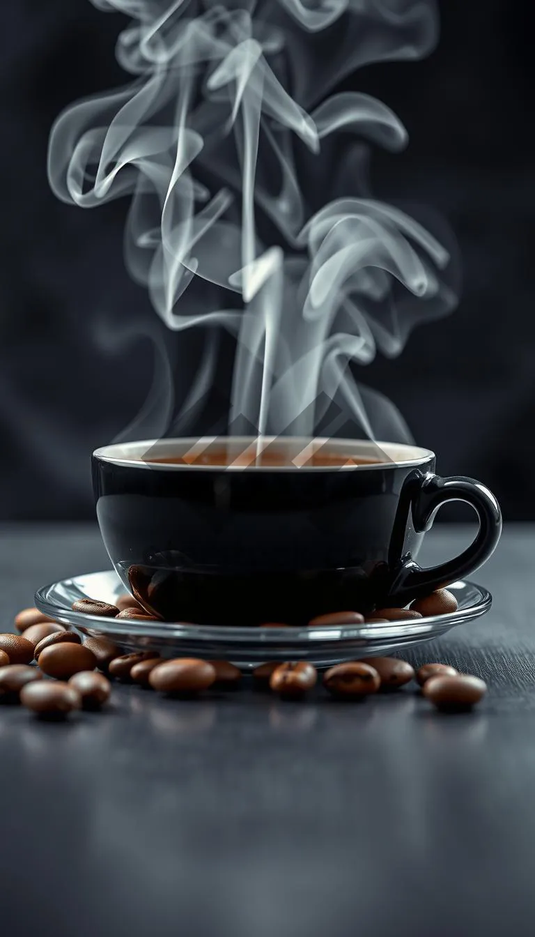 Picture of Hot coffee on black table with spoon