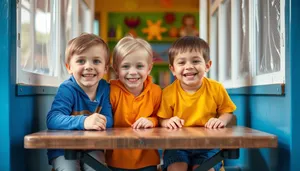 Happy family smiling together in school portrait.