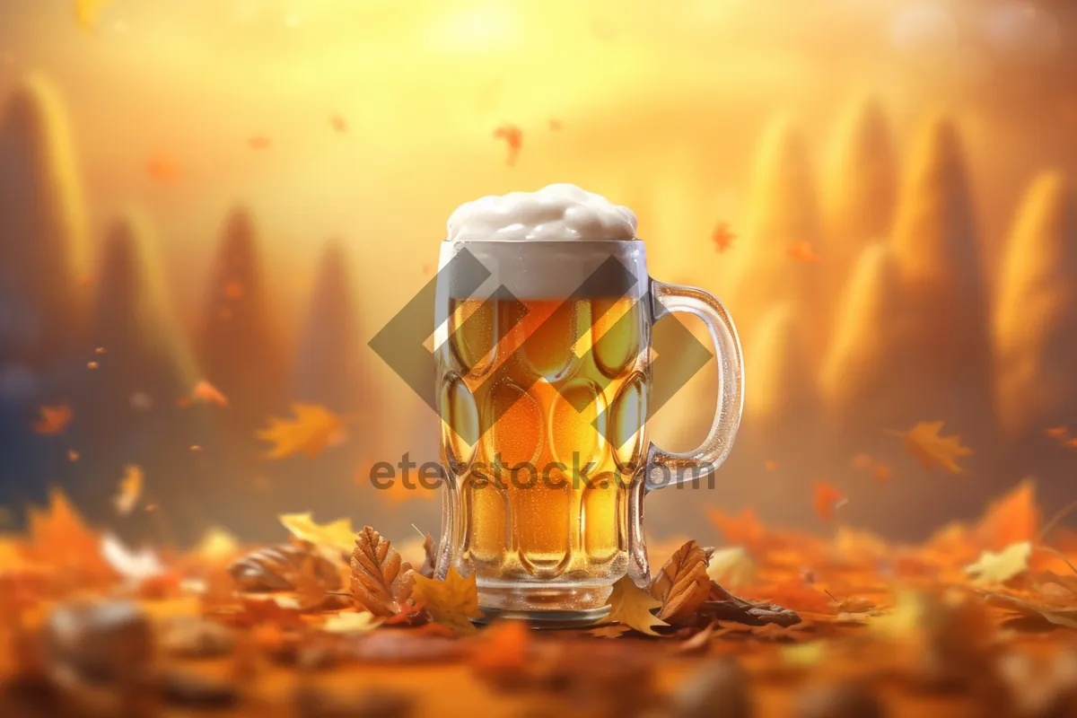 Picture of Cold golden beer glass with bubbles and foam